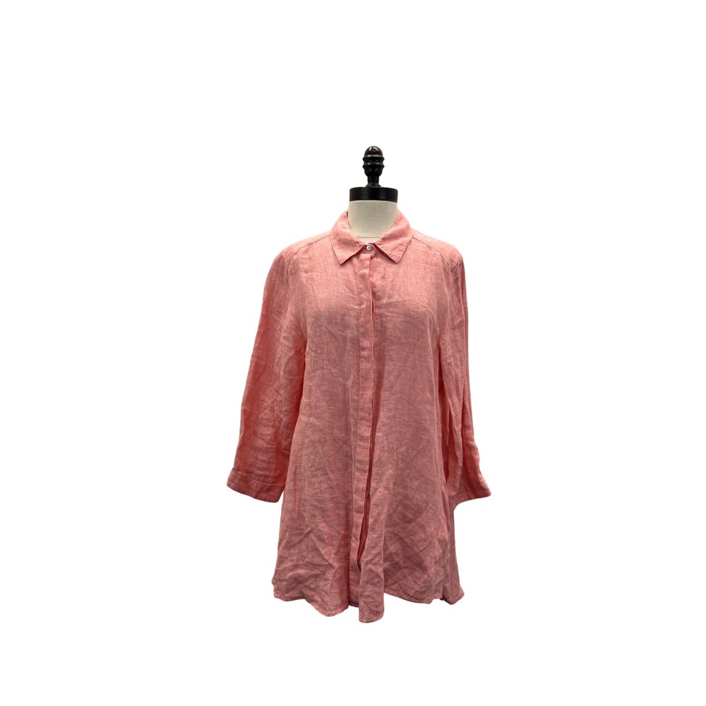 Foxcroft Linen Button Down Tunic Women's Size 12 Coral Pink Long Sleeve Top